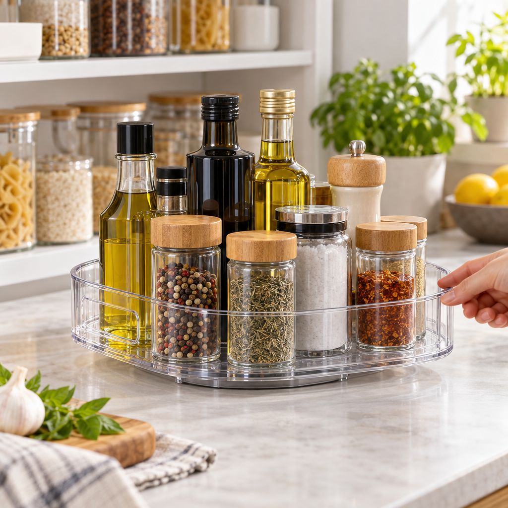 KI-generiertes Beispielbild zu Holinwa Drehteller Kühlschrank Organizer Lazy Susan, 33 x 22 cm Klarer Rechteckiger Drehteller für Gewürze, Kühlschrank Organizer für Schrank, Speisekammer oder Küchenarbeitsplatte (1 Stück) : Amazon.de: Küche, Haushalt & Wohnen