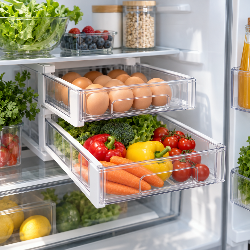 KI-generiertes Beispielbild zu Lnopever 2er-Pack Kühlschrank-Organizer Schublade,Aufbewahrungs Schubladen Stapelbare,Herausziehbares Regal als Fridge Organizer für Eier,Gemüse,passend, Behälter für Kühlschrank,Küchen, Schränke: Amazon.de: Elektro-Großgeräte