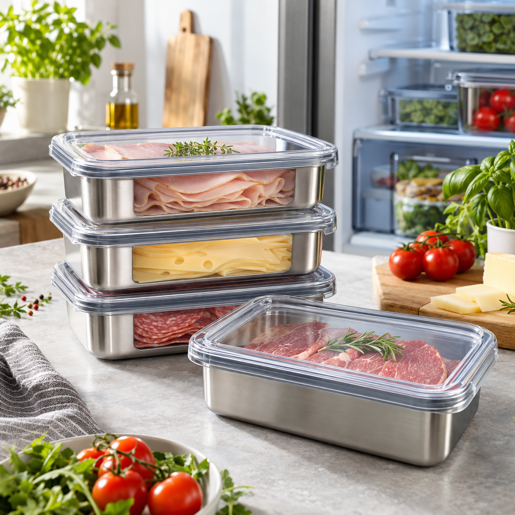 KI-generiertes Beispielbild zu MICHIHOMIE 4er Set Edelstahl Aufschnittbox Fresh für Wurst, Käse, Fleisch | Lebensmittel Aufbewahrungsbox mit Sichtdeckel, Kühlschrank Gefrierschrank Organizer, Spülmaschinenfest, Stapelbar : Amazon.de: Küche, Haushalt & Wohnen