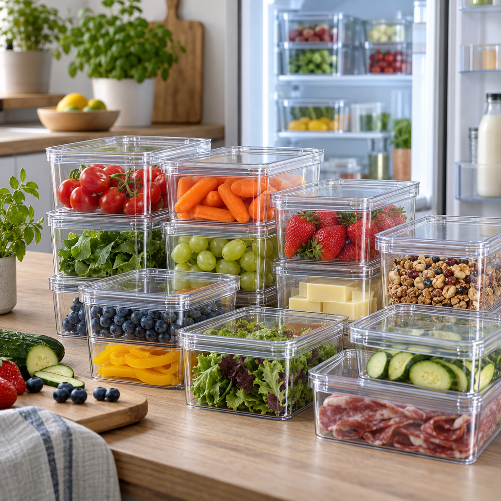 KI-generiertes Beispielbild zu Moritz & Moritz 10er Pack Kühlschrank Organizer Set mit Deckel - Kühlschrank Boxen Stapelbar - Kühlschrankboxen Transparent - Robust - Aufbewahrungsboxen für Küche Vorratsschrank Schublade : Amazon.de: Elektro-Großgeräte